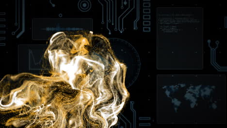 animation of digital data processing and scope over circuit board and flames