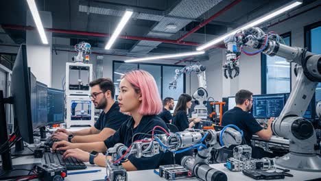 engineers and students working on robotics and automation in a high-tech lab