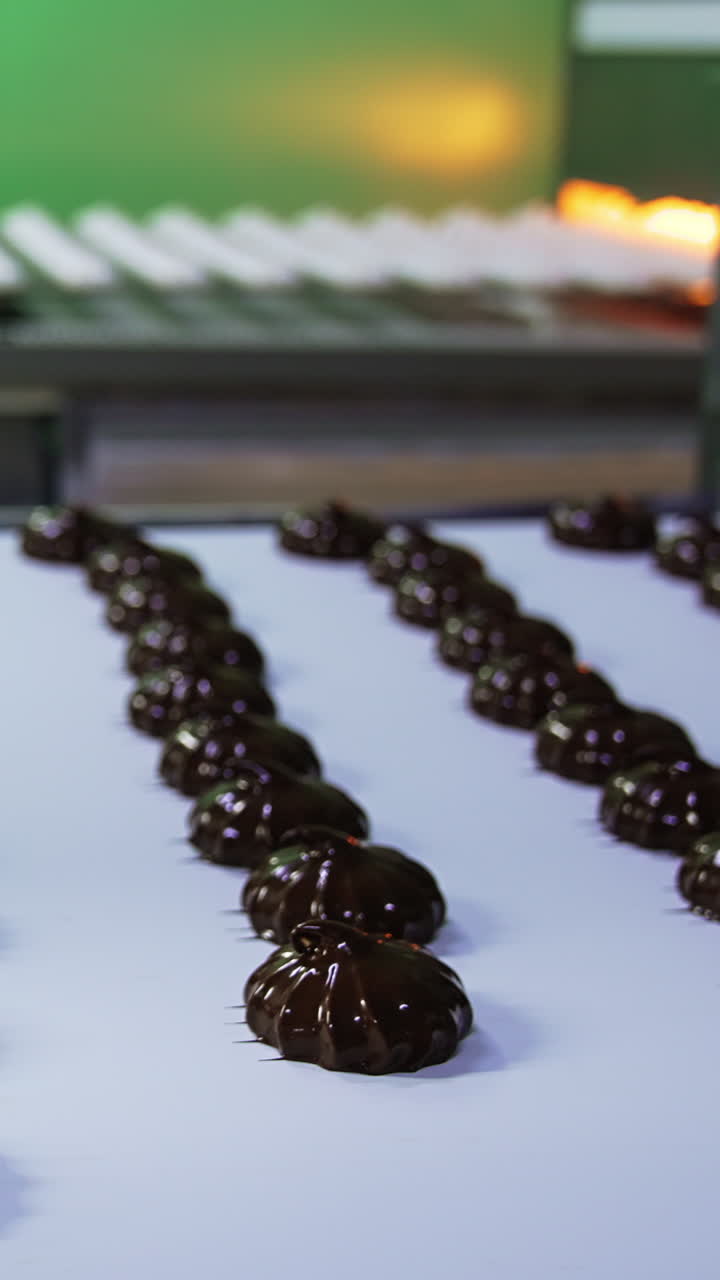 Marshmallows coated in black chocolate on the conveyor belt. The conveyor with white zephyr candies at the background in blur. Vertical video
