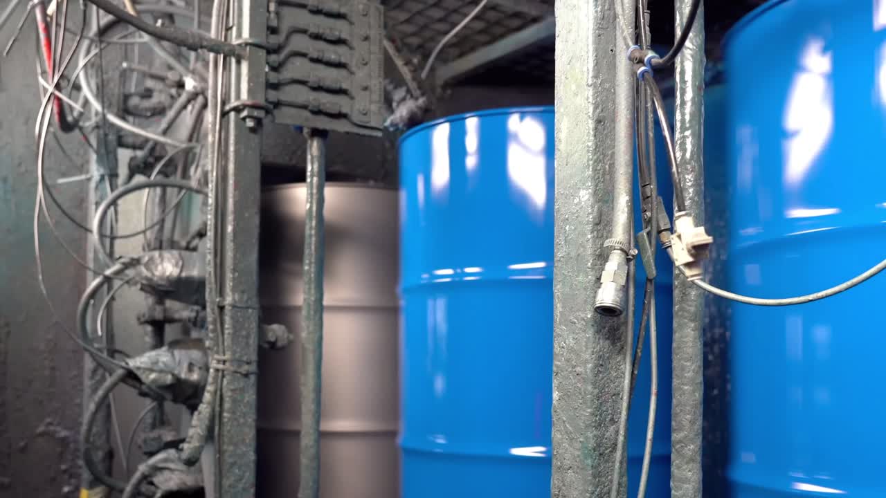 컨베이어 벨트 는 로 팔 이 페인트 의 코트 를 적용 하는 스프레이 부스 를 통해 드럼 캔 을 운반 한다