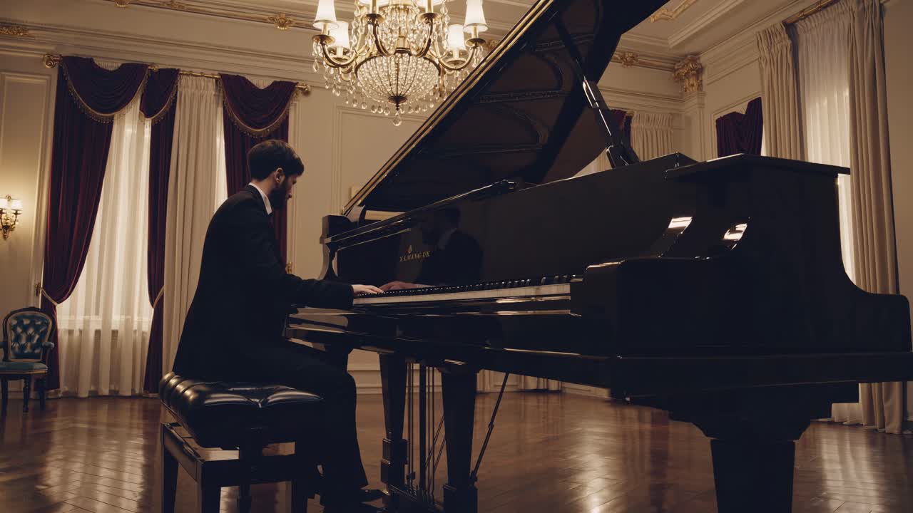 Video elegante di un pianista in una stanza lussuosa, ripreso da un'angolazione bassa.