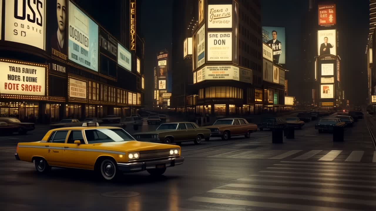 Vibrant Night Scene of a City Street with a Classic Yellow Taxi Amidst Glowing Billboards