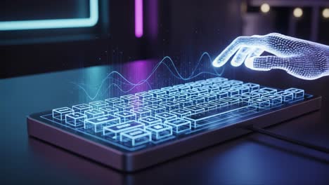 a visual representation of digital interaction: a futuristic keyboard displaying vibrant waves and holographic hand gestures in a high-tech environment