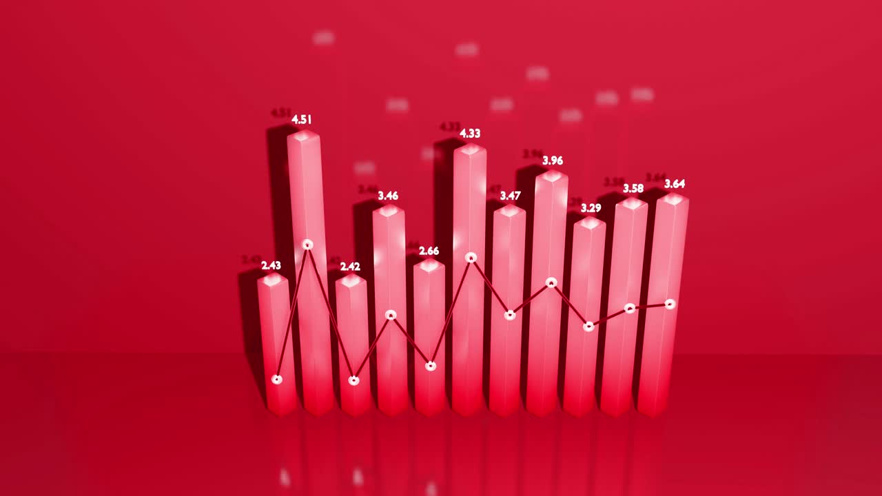 beautiful red color background for analytical programs with abstract infographics, statistical data. Bars, counters and graph. 3d columns smoothly move up and down in loop. Financial background