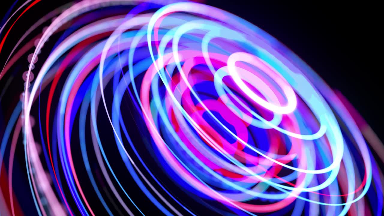 Light flow in ring structure, bg in 4k. Abstract looped background with light trails, stream of red blue neon lines in space form rings. Modern trendy motion design background. Light effect,