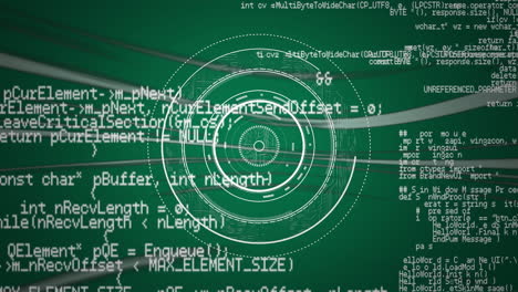 Rotating white rings over a green background with coding and data in white etxt