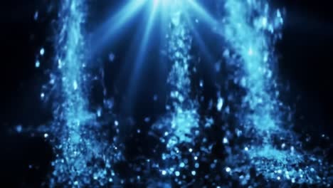 captivating visual display of shimmering water droplets dancing in blue light against a dark backdrop. the dynamic movement creates an enchanting atmosphere.