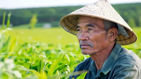 experienced senior vietnamese farmer wearing traditional non la hat surveying green crop rows in sunlight, reflecting agricultural heritage and peaceful rural lifestyle