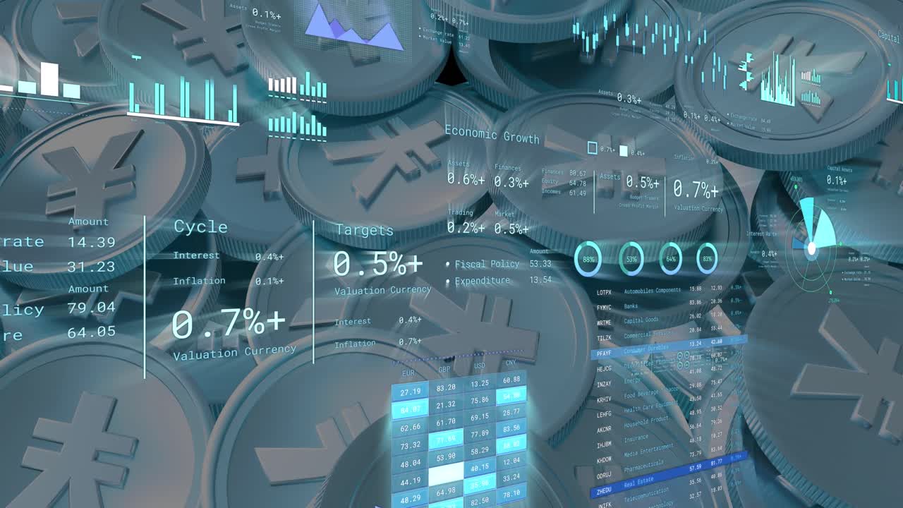 Animazione di elaborazione dati finanziari su monete di yen giapponesi