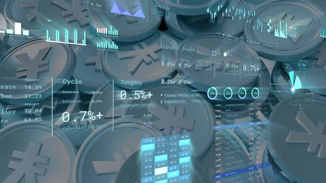 animation of financial data processing over japanese yen coins