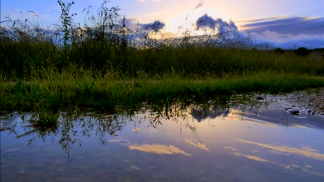 Zeitraffer-Eines-Bewölkten-Himmels,-Der-Sich-Bei-Sonnenaufgang-In-Einem-Glasigen-Teich-Widerspiegelt