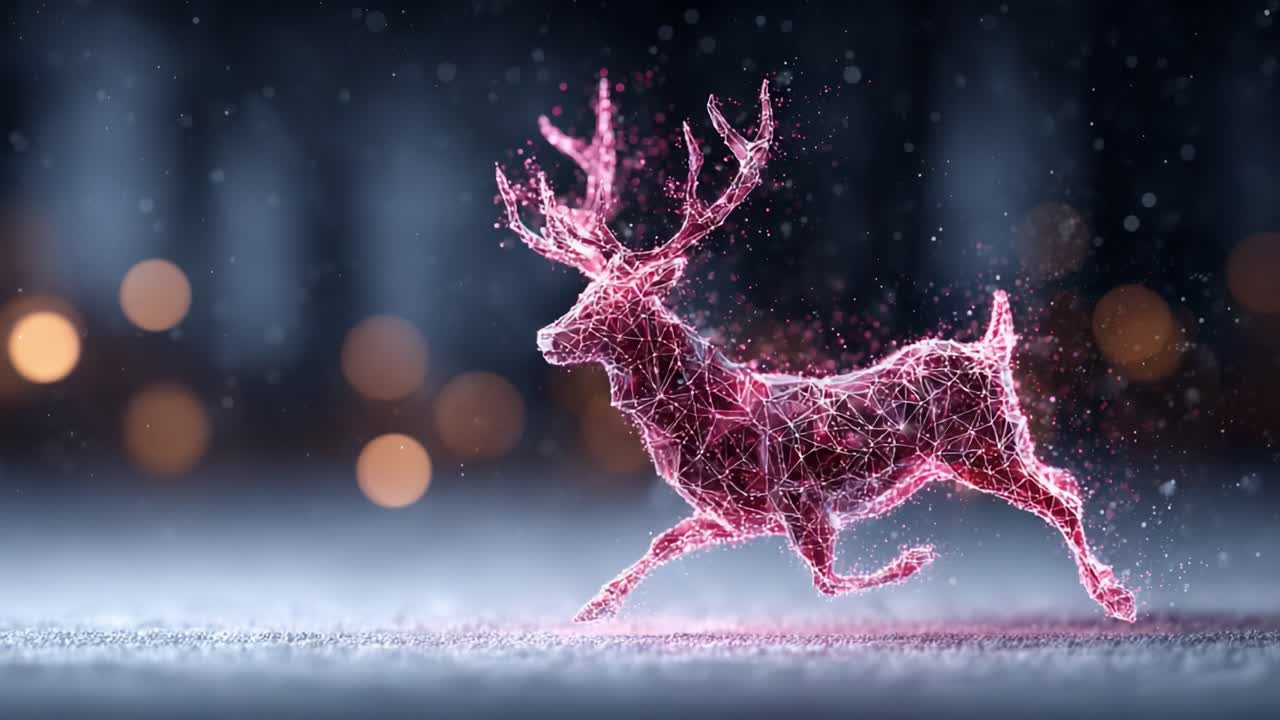 Betagende digital 3D-rendering af en majestætisk hjort i bevægelse, der viser et fantastisk net af lyserøde, geometriske linjer mod en blødt oplyst baggrund.