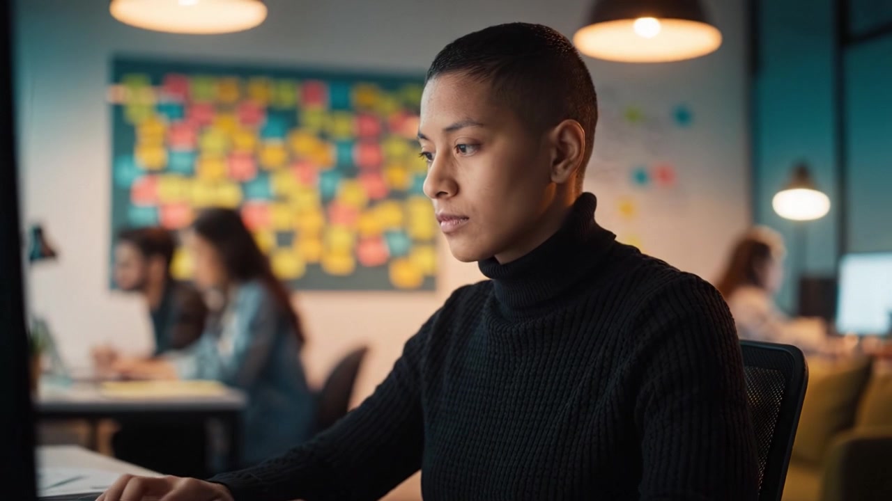 Focused Individual Working on a Computer in a Creative Office Environment Surrounded by Colorful Notes, Representing Collaboration and Productivity