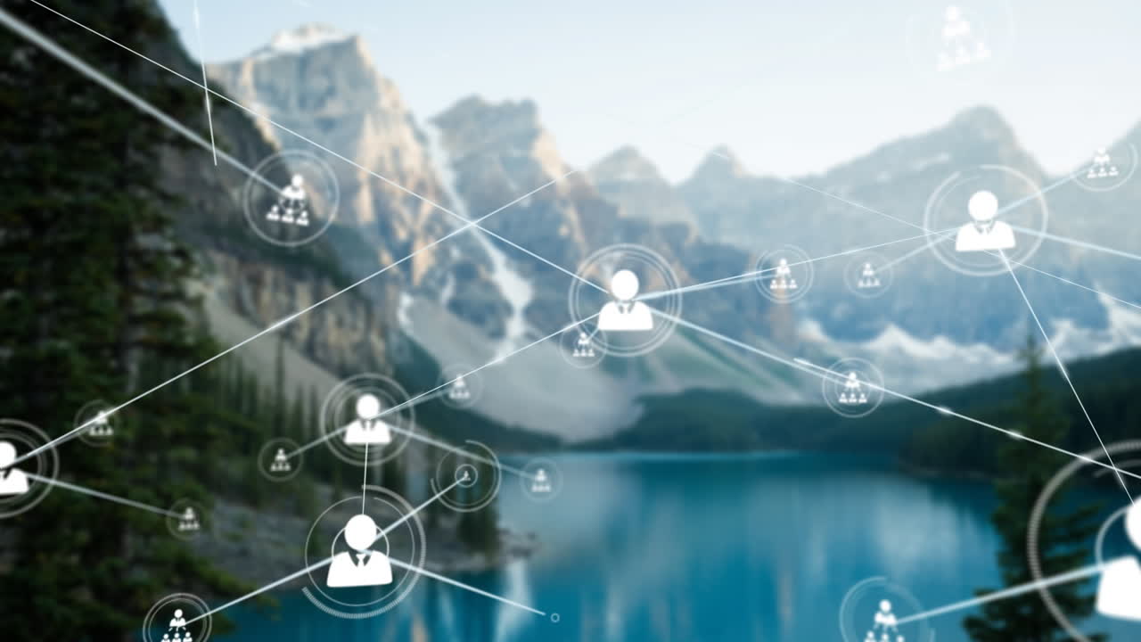 animación de la red de conexiones con las personas iconos sobre el paisaje