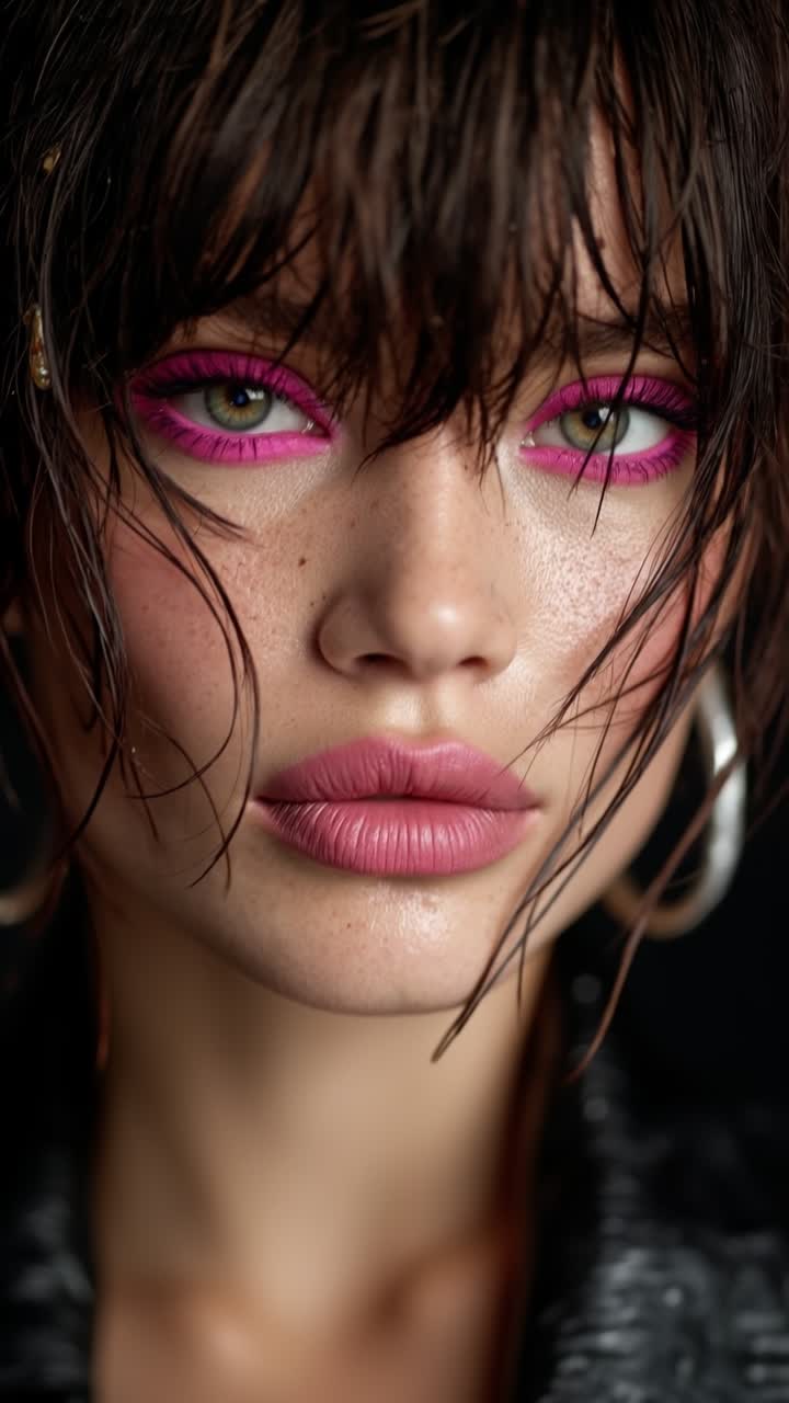 Primo piano di un ritratto di bellezza d'alta moda di donna con capelli bagnati e trucco e rossetto rosa neon audaci