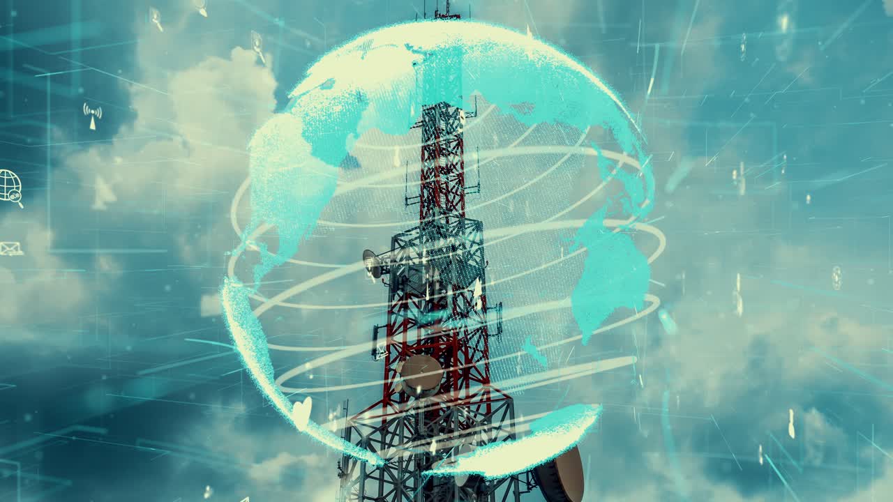 글로벌 비즈니스 변화의 3d 그래픽과 함께 통신 타워