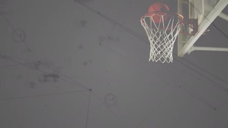 animation of data processing, networks of connections over mixed race male basketball player at gym