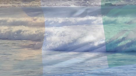 Digitale-Komposition-Der-Wehenden-Flagge-Der-Elfenbeinküste-Gegen-Wellen-Im-Meer