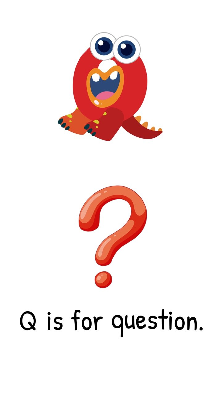 A playful animation featuring a red creature and a question mark, illustrating the letter Q with vibrant colors