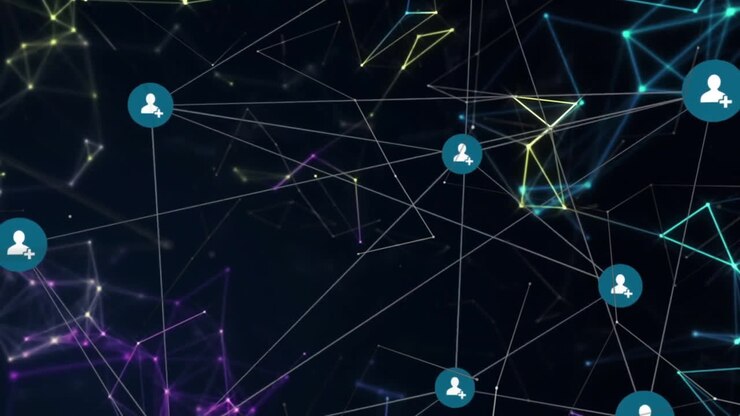 animação de processamento de dados com redes e ícones sobre fundo preto