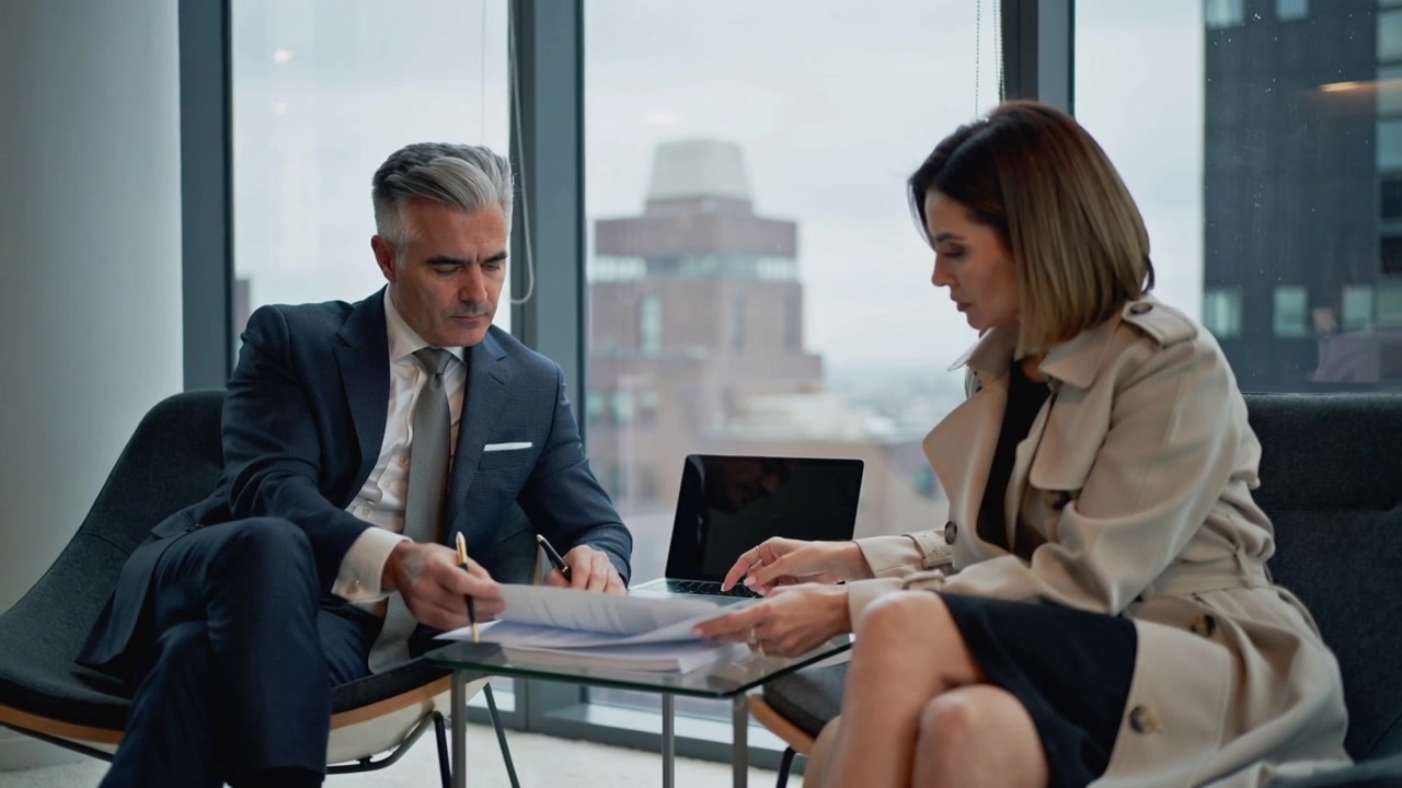 Consegna di documenti, una donna in trench che accompagna un uomo in abito che firma dei documenti con una penna accanto alla finestra dell'ufficio.
