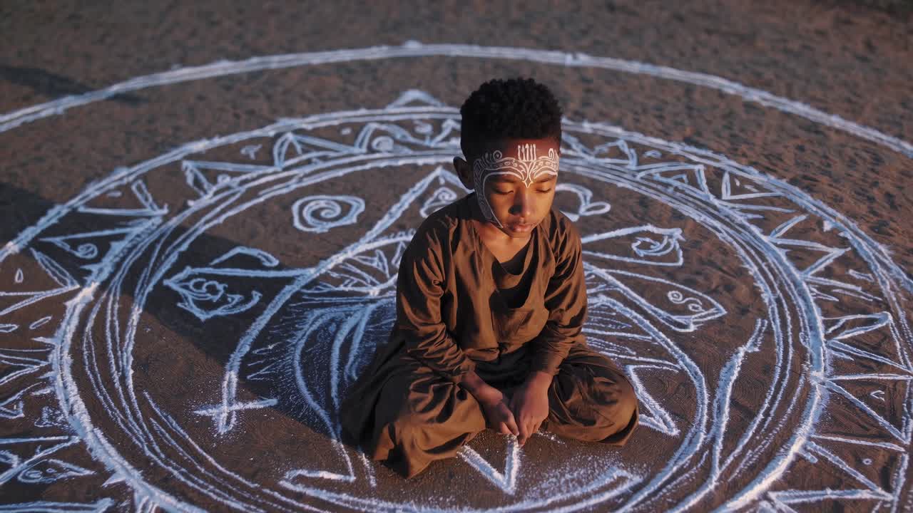 Young boy seated in a circular sand drawing, focused on intricate patterns, surrounded by natural landscape, showcasing creativity and cultural expression in a serene environment