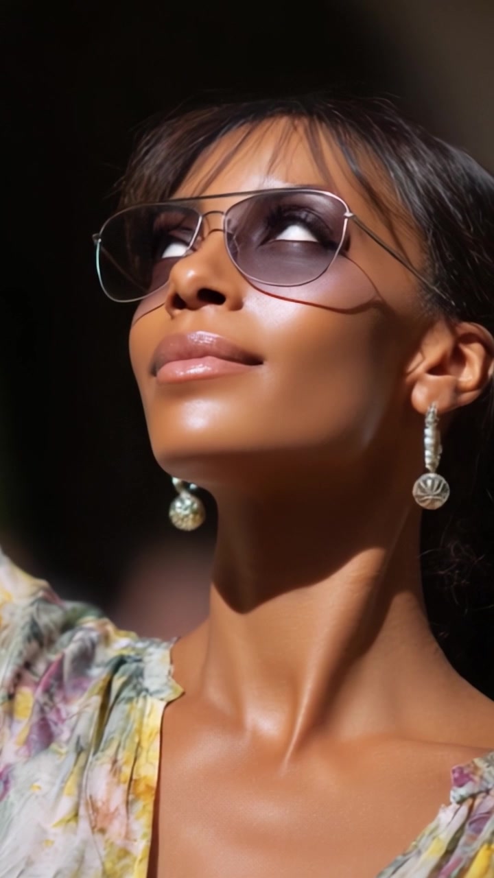 Una donna alla moda con occhiali da sole e orecchini eleganti che si gode il sole con un'espressione serena, irradiando sicurezza ed eleganza nel suo outfit floreale.