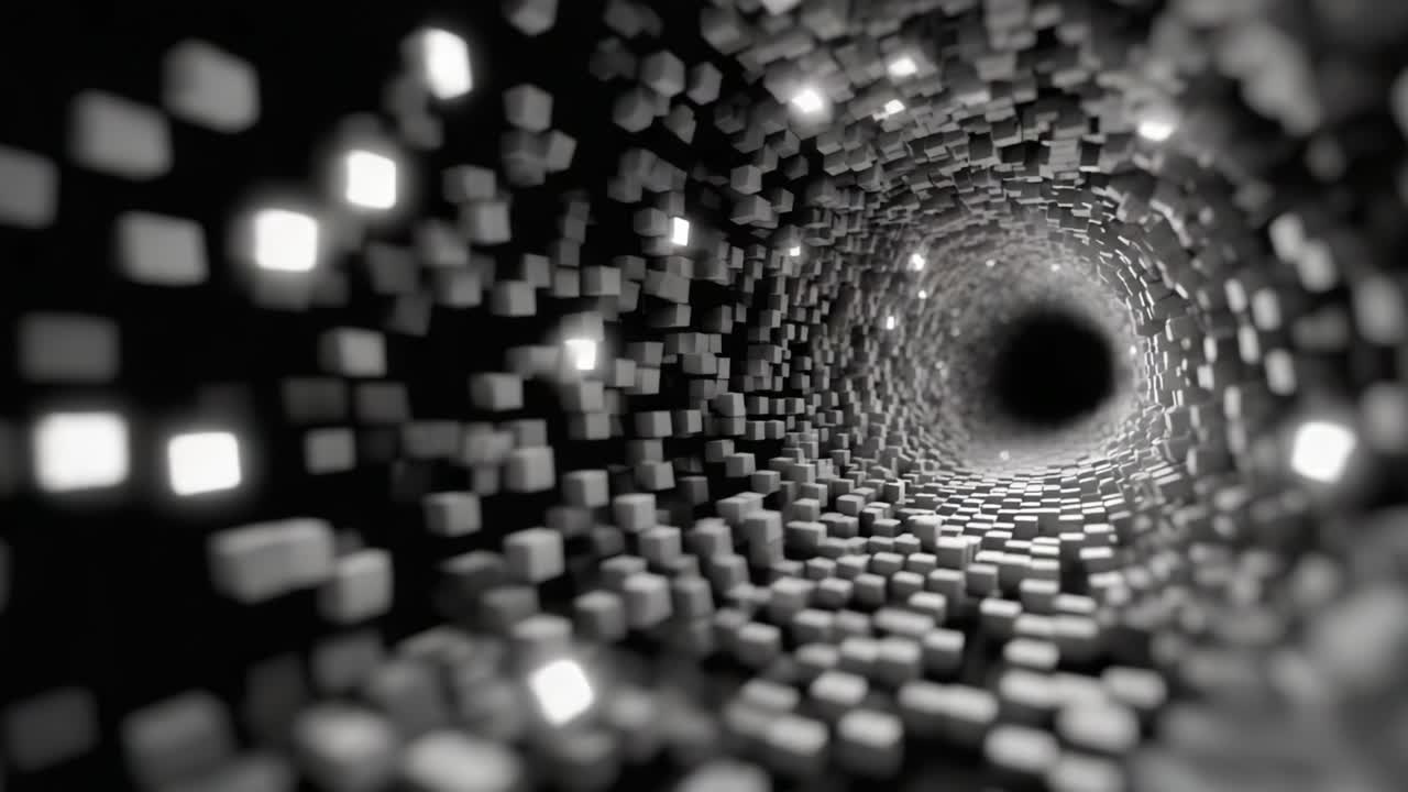 A Journey Through a Dark Tunnel of Cubes Illuminated by Distant Lights, Capturing the Intricacies of Depth and Perspective in a Digital Universe