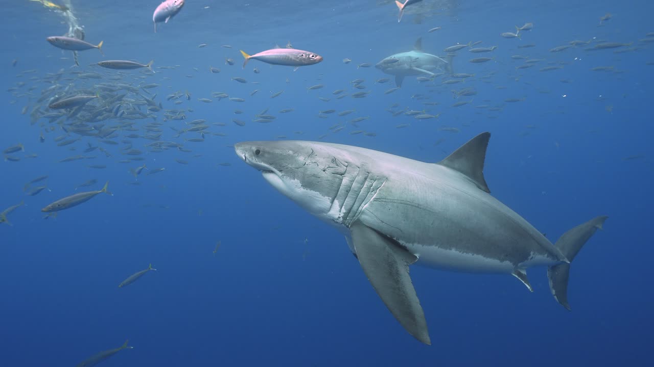 increíble toma en cámara lenta de un gran tiburón blanco, carcharodon carcharias, tratando de atrapar un cebo de atún en aguas cristalinas de la isla guadalupe, méxico.