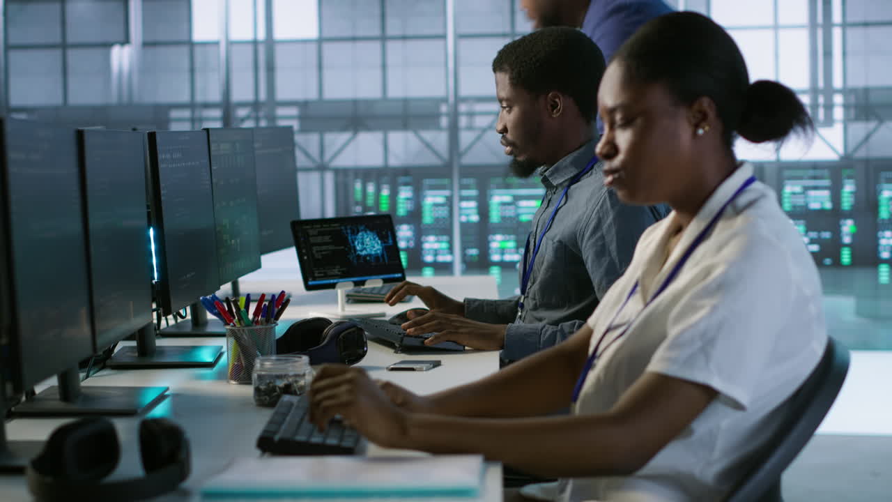 Data Center Staff Working at Computer Terminals