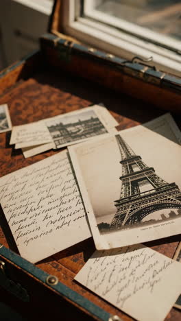 vintage postcards and letters in an antique box