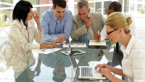 animation of financial data processing over diverse business people