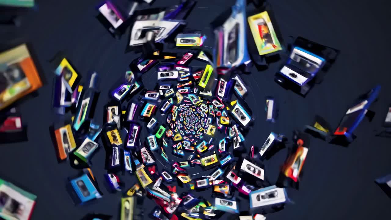 Numerous colorful audio cassettes are spiraling and swirling, creating a mesmerizing retro whirlpool illusion against a dark background, evoking a sense of nostalgia for vintage music technology