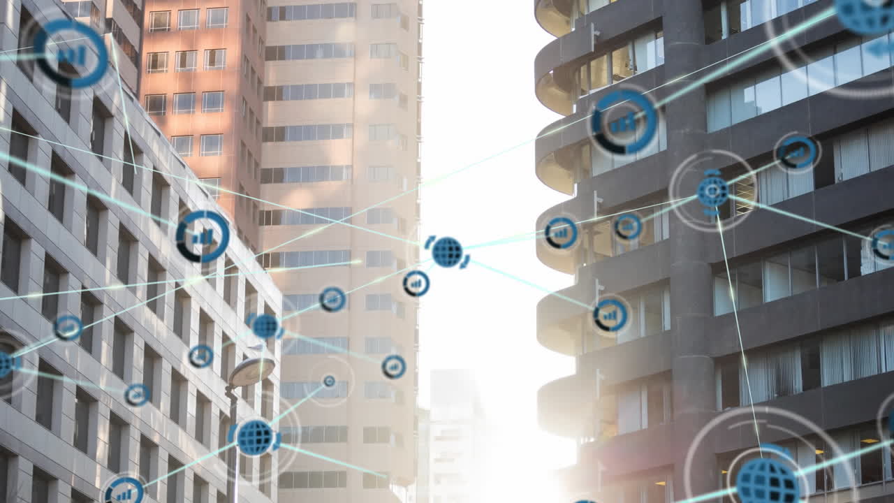 도시 풍경 위의 아이콘으로 연결된 네트워크의 애니메이션