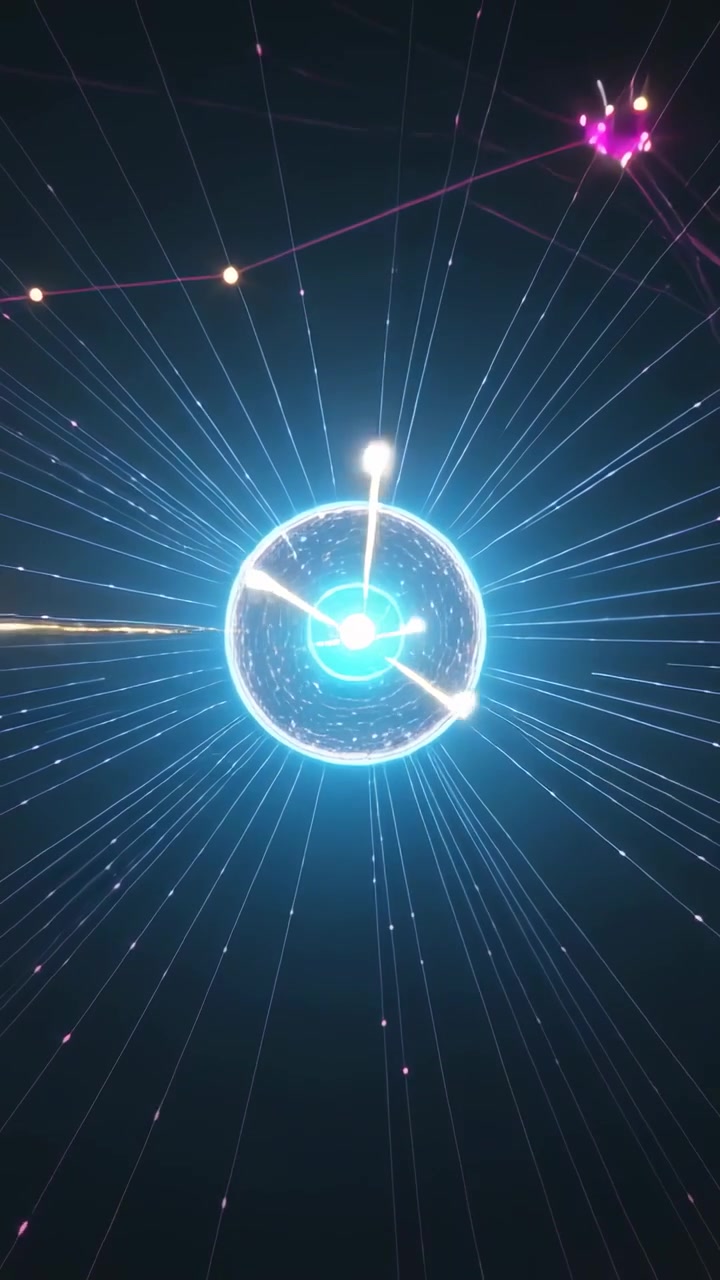 Vertical video: Getting gold beams central orb pulsing in space forming links feeding purple nodes