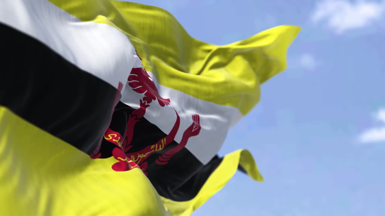 은 날 바람에 흔들리는 브루나이 국기 상세한 모습