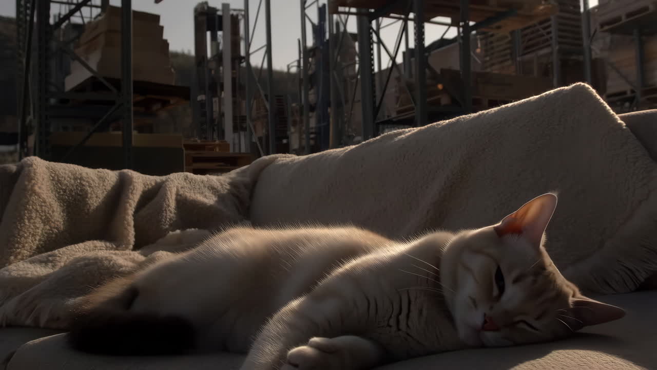 A cream-colored cat comfortably sleeping on a textured blanket or sofa, bathed in warm sunlight, with an industrial background of racks and pallets