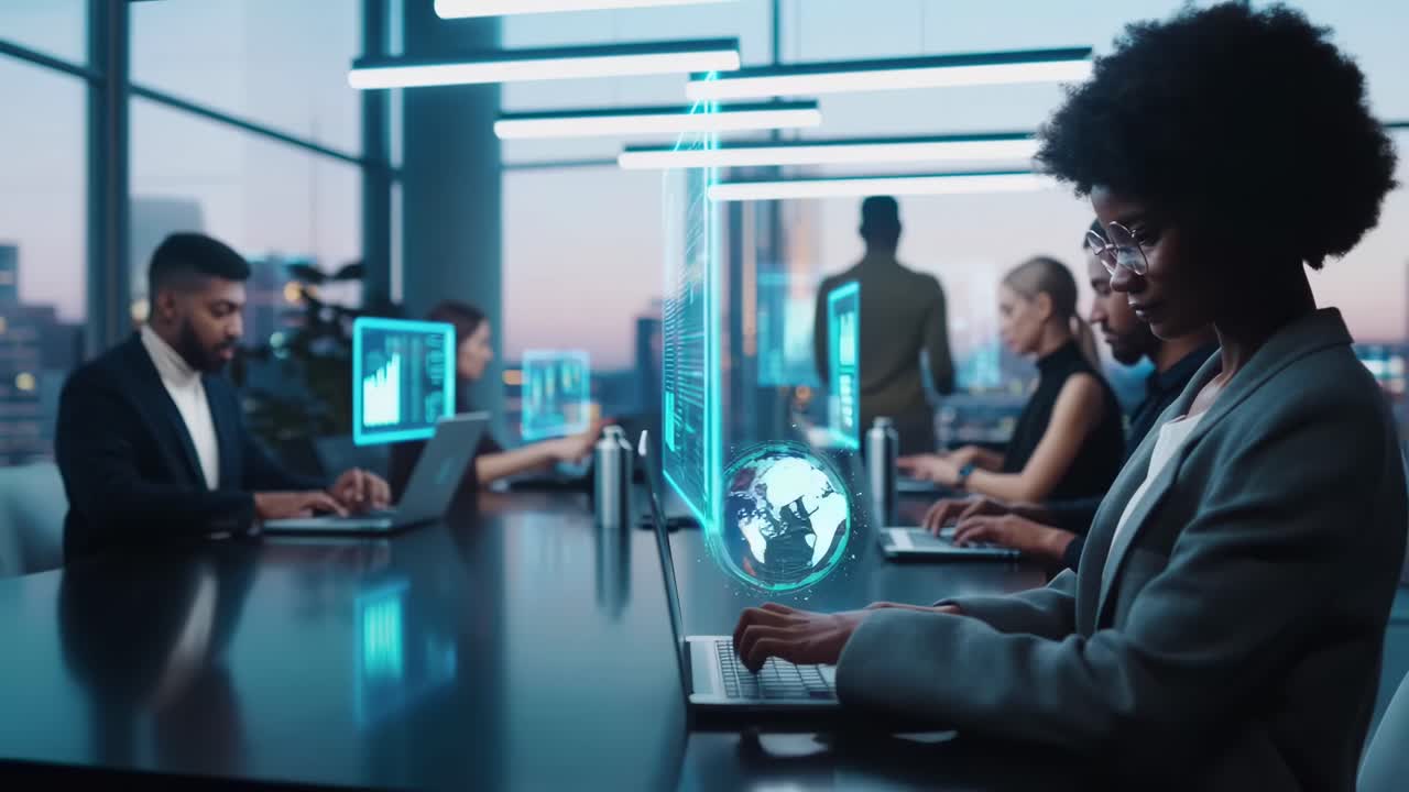 Futuristic office video with diverse team, side angle, holographic globe displays tech theme