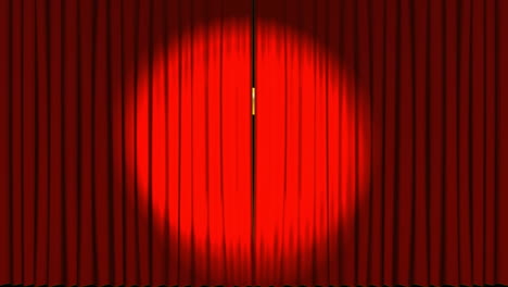 animation of gold ribbon and red curtain over snow falling on black background