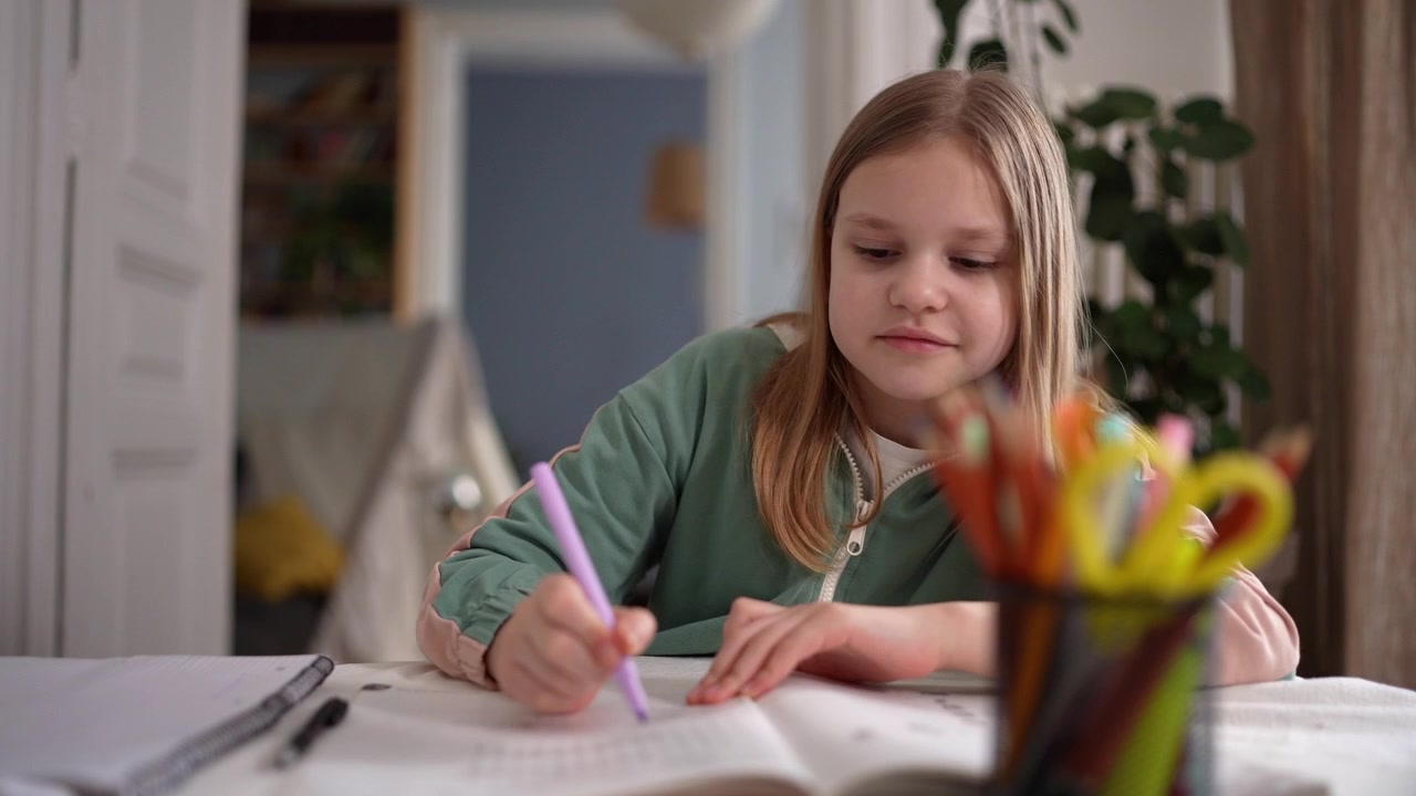 Young Girl Studying and Writing in Notebook at Home