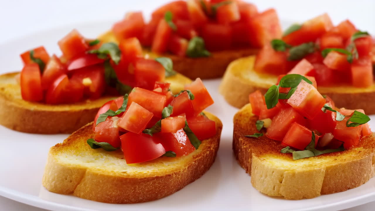 Frisk tomatbruschetta på hvid tallerken, med hakkede modne tomater og revet basilikum på ristede baguetteskiver.