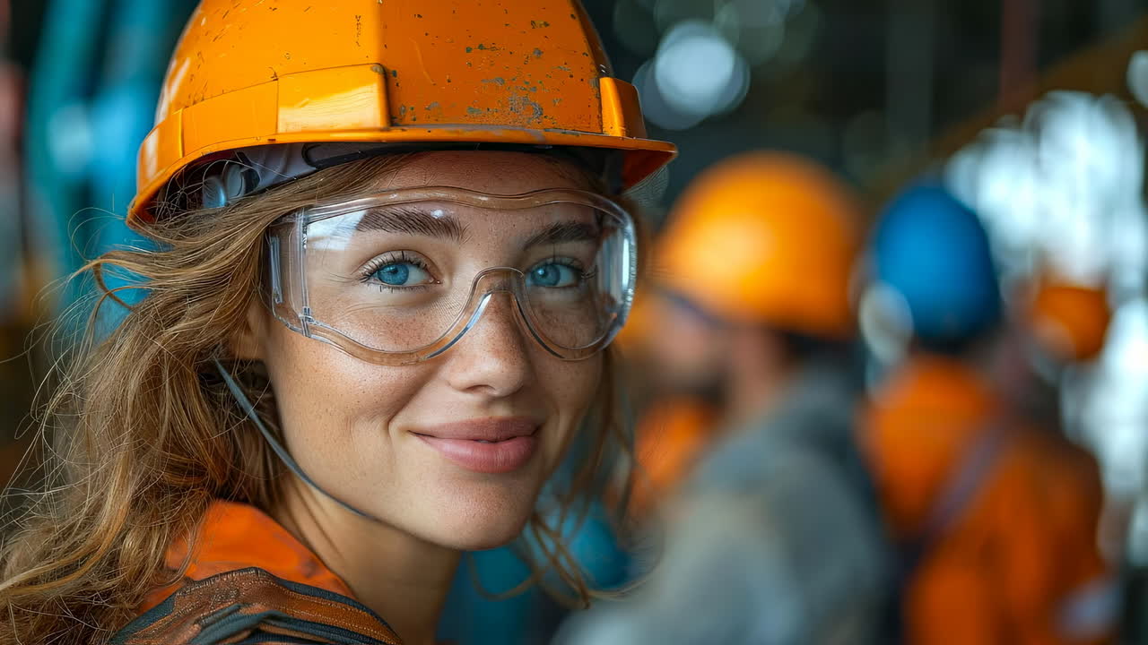 Construction worker smiles at job site. A woman in safety gear smiles at the construction site during the day, showcasing teamwork and hard work