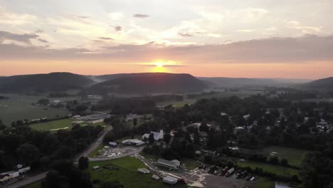 aerial view of small town with the sunset in maine, united states of america