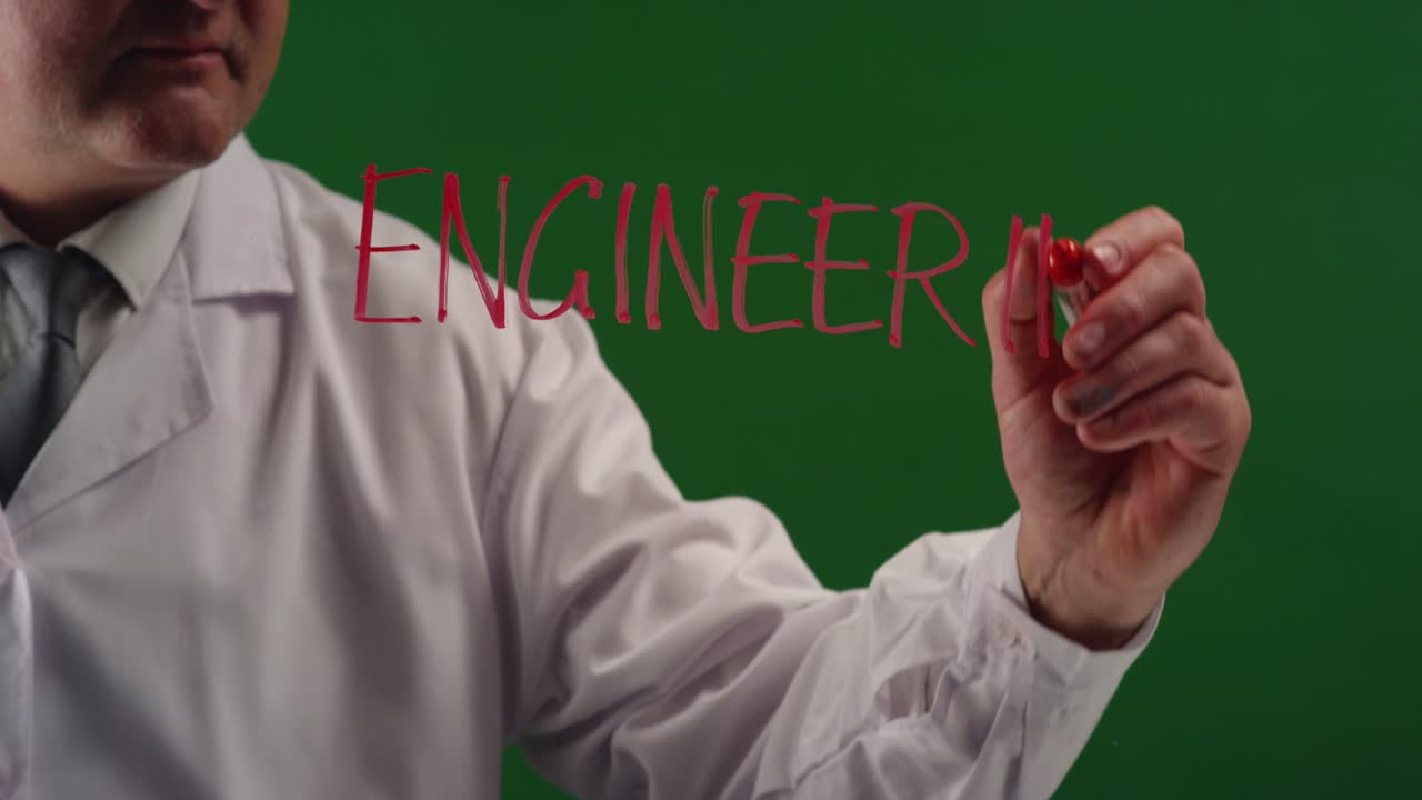 녹색 화면에 단어 공학을 쓰는 남자