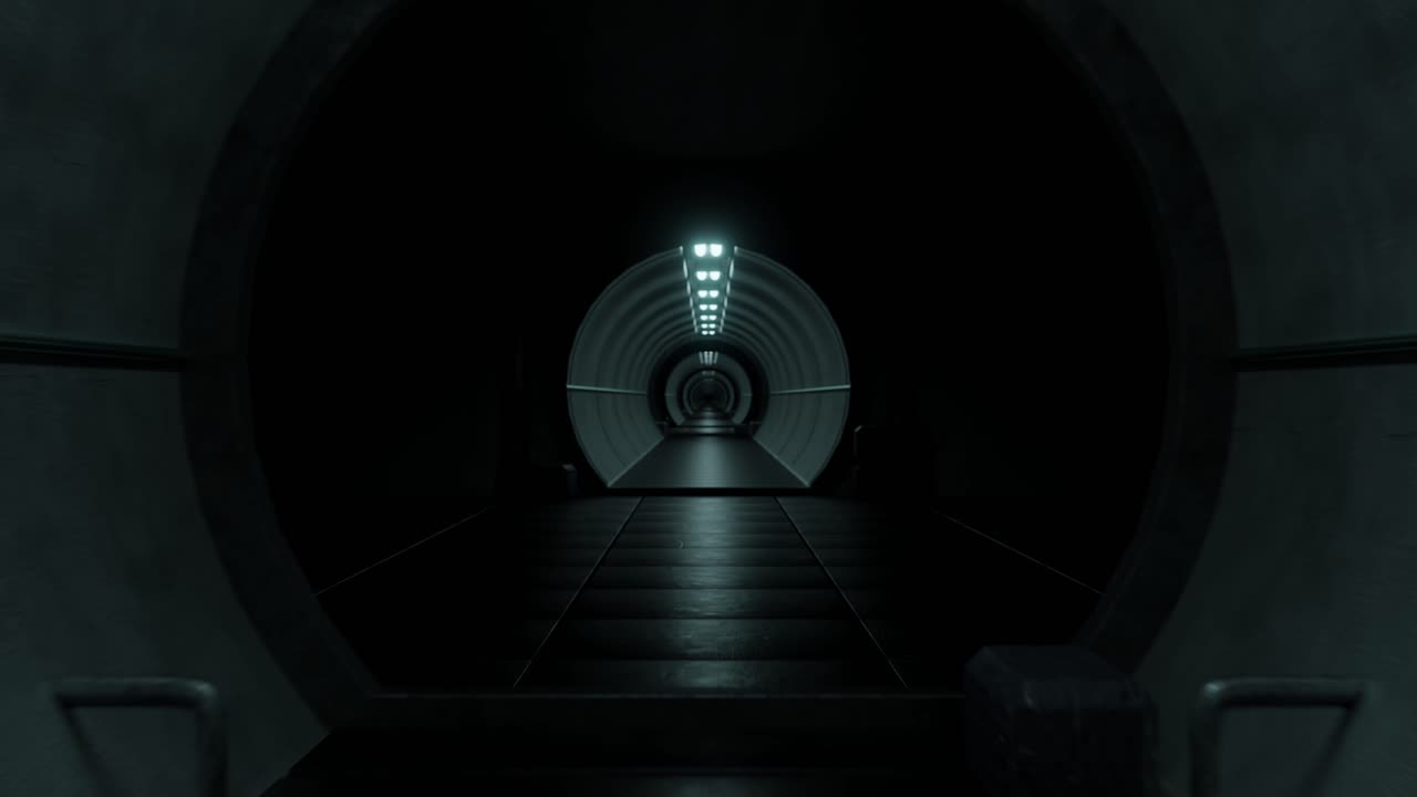 3D animation loop of dark tunnel with glowing lights