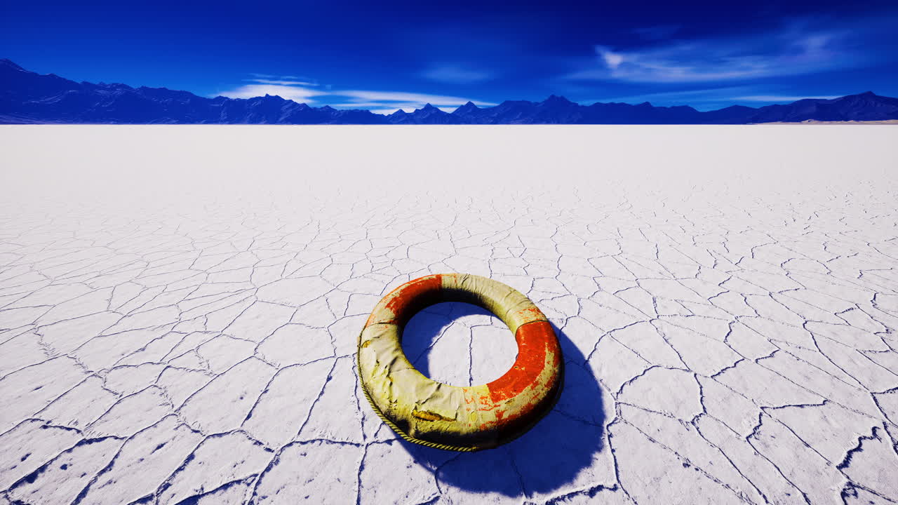 Floating on a surreal salt flat under a vast blue sky with distant mountains