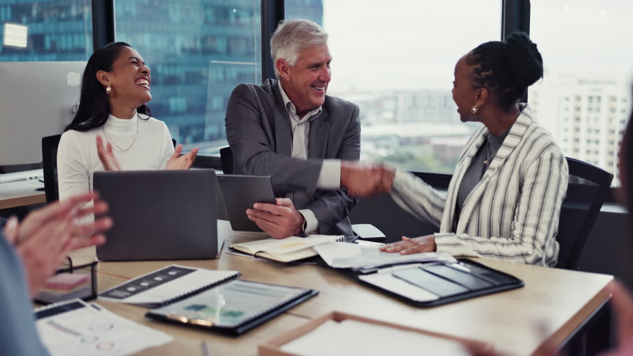 Business people, meeting and handshake
