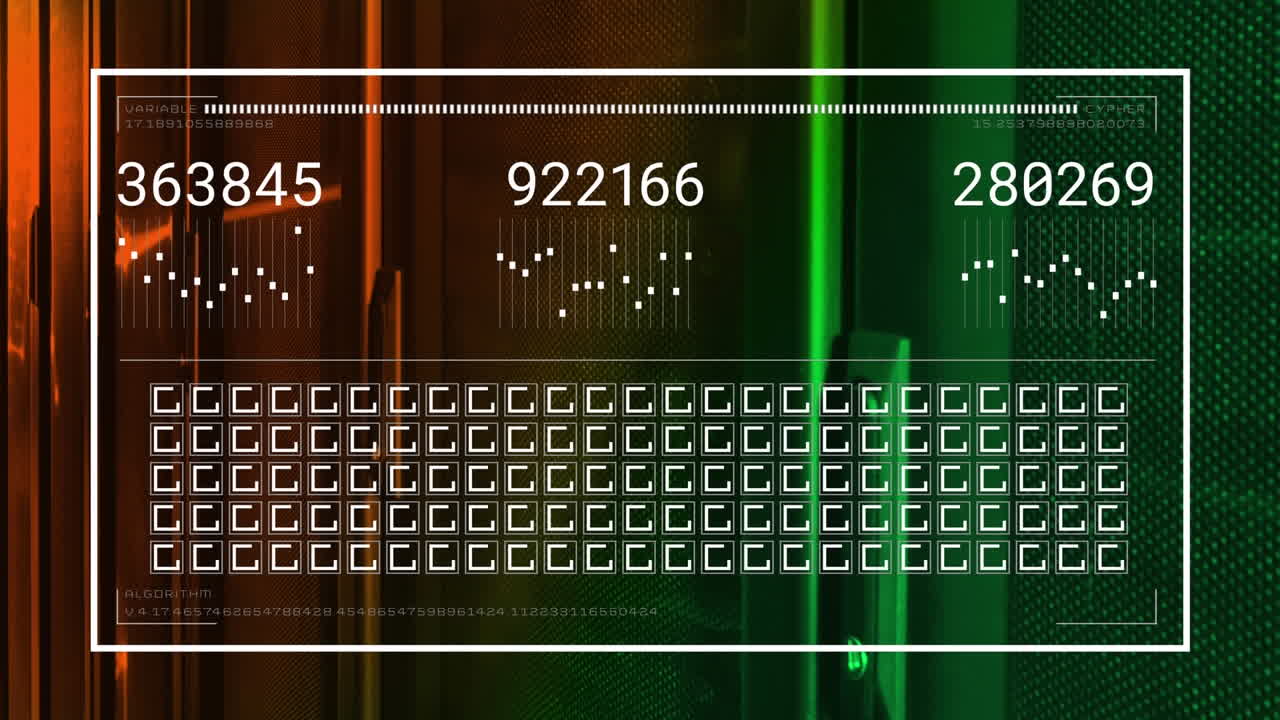 Animation of interface with data processing and network of connections against computer server room