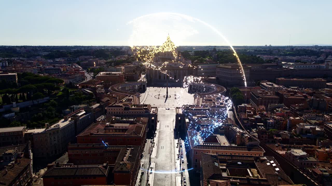 Vatican aerial, shimmering futuristic earth hologram symbolizing world evolution