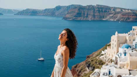 a joyful moment overlooking the aegean sea: a woman enjoys the breathtaking view of santorini's iconic landscape and beautiful architecture